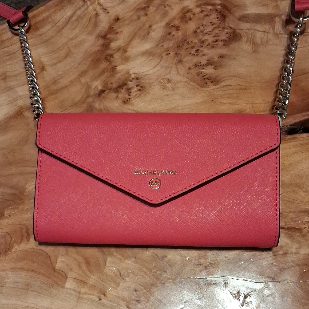 Michael Kors Coral Envelope Crossbody Wallet with Chain Strap